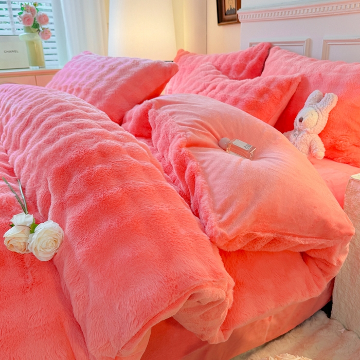 91家纺网 家纺一手货源 找家纺 唐人居 2025新款泡泡兔毛牛奶绒四件套--七彩 粉玉