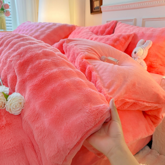 91家纺网 家纺一手货源 找家纺 唐人居 2025新款泡泡兔毛牛奶绒四件套--七彩 粉玉