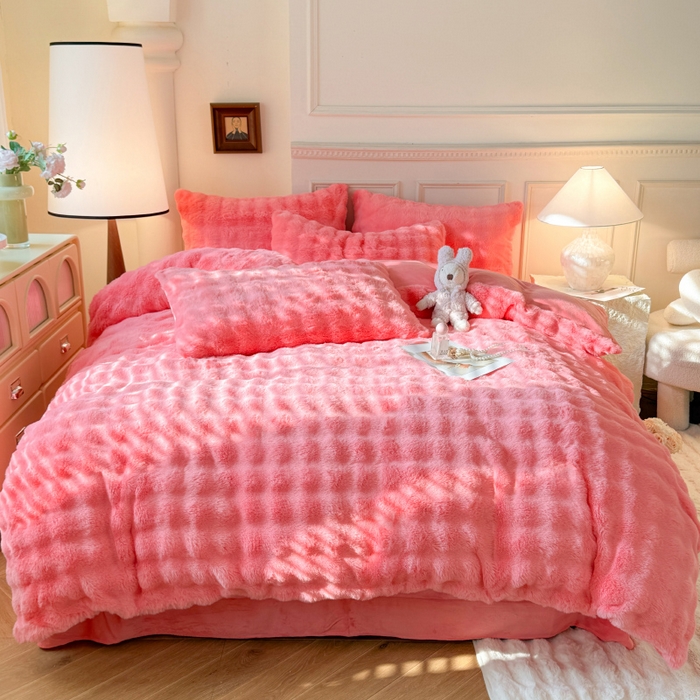 91家纺网 家纺一手货源 找家纺 唐人居 2025新款泡泡兔毛牛奶绒四件套--七彩 粉玉