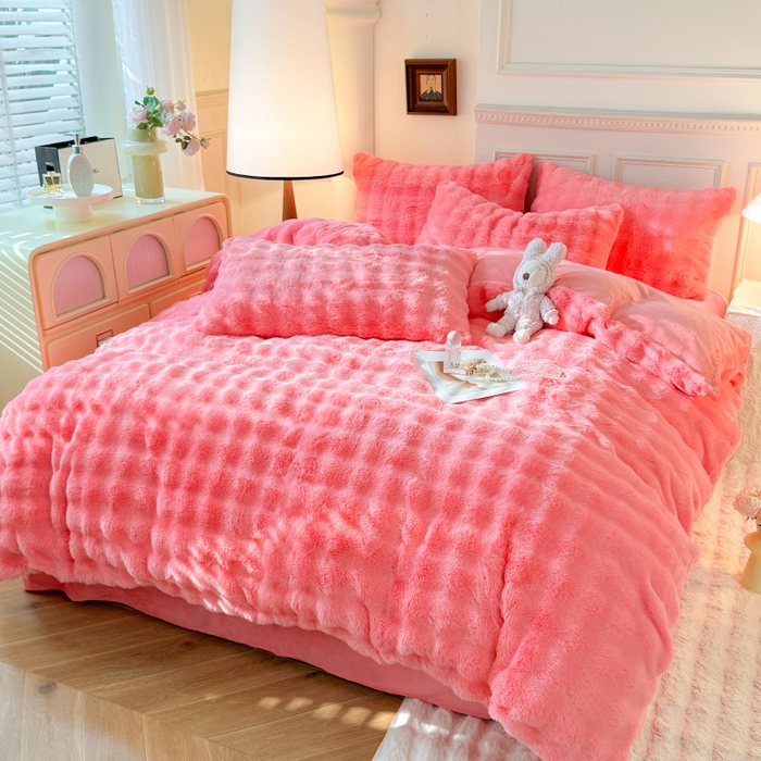 91家纺网 家纺一手货源 找家纺 唐人居 2025新款泡泡兔毛牛奶绒四件套--七彩 粉玉