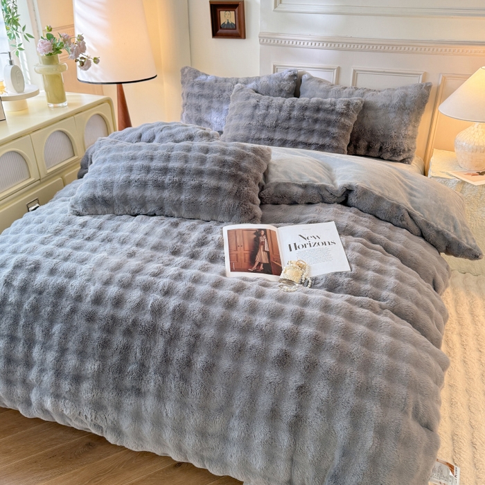 91家纺网 家纺一手货源 找家纺 唐人居 2025新款泡泡兔毛牛奶绒四件套--七彩 灰色