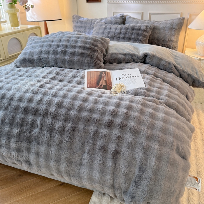 91家纺网 家纺一手货源 找家纺 唐人居 2025新款泡泡兔毛牛奶绒四件套--七彩 灰色