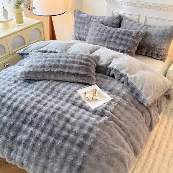 91家纺网 家纺一手货源 找家纺 唐人居 2025新款泡泡兔毛牛奶绒四件套--七彩 灰色