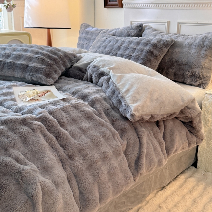 91家纺网 家纺一手货源 找家纺 唐人居 2025新款泡泡兔毛牛奶绒四件套--七彩 灰色