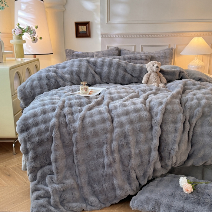 91家纺网 家纺一手货源 找家纺 唐人居 2025新款泡泡兔毛牛奶绒四件套--七彩 灰色