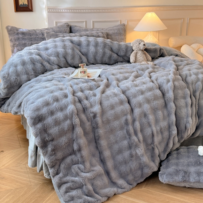 91家纺网 家纺一手货源 找家纺 唐人居 2025新款泡泡兔毛牛奶绒四件套--七彩 灰色