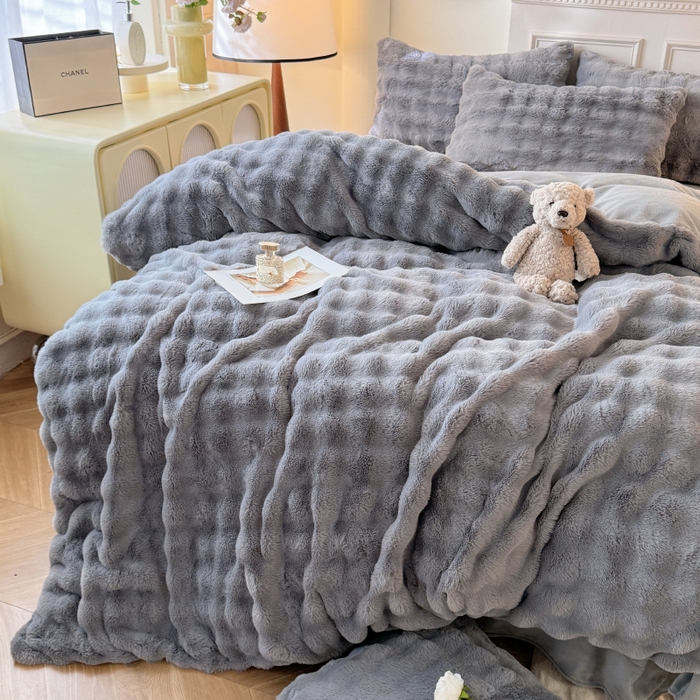 91家纺网 家纺一手货源 找家纺 唐人居 2025新款泡泡兔毛牛奶绒四件套--七彩 灰色