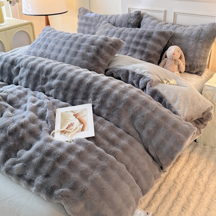 91家纺网 家纺一手货源 找家纺 唐人居 2025新款泡泡兔毛牛奶绒四件套--七彩 灰色