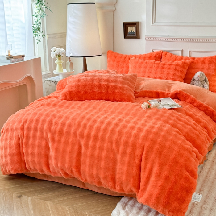 91家纺网 家纺一手货源 找家纺 唐人居 2025新款泡泡兔毛牛奶绒四件套--七彩 橘橙