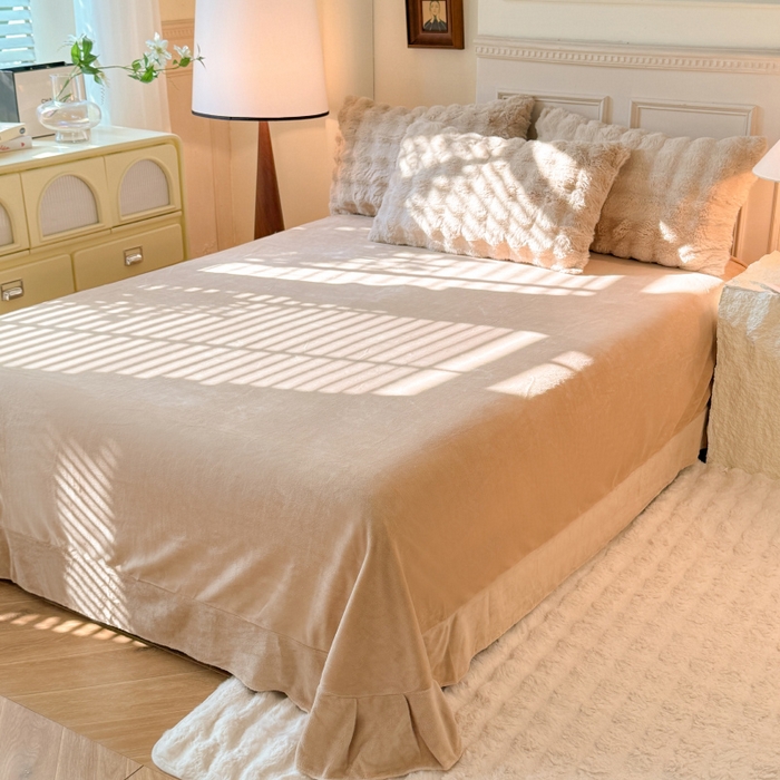 91家纺网 家纺一手货源 找家纺 唐人居 2025新款泡泡兔毛牛奶绒四件套--七彩 卡其