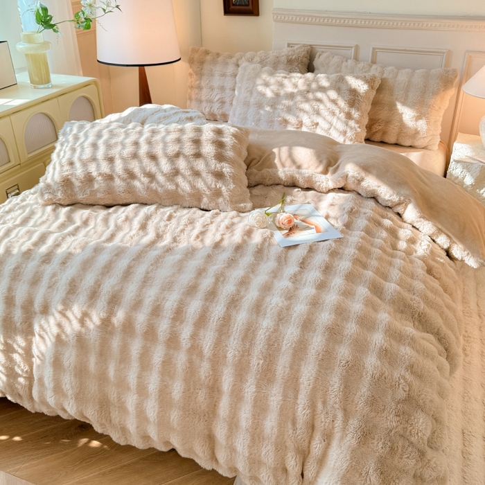 91家纺网 家纺一手货源 找家纺 唐人居 2025新款泡泡兔毛牛奶绒四件套--七彩 卡其