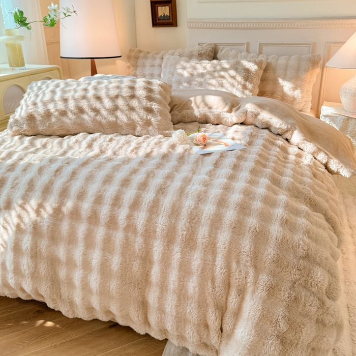 91家纺网 家纺一手货源 找家纺 唐人居 2025新款泡泡兔毛牛奶绒四件套--七彩 卡其