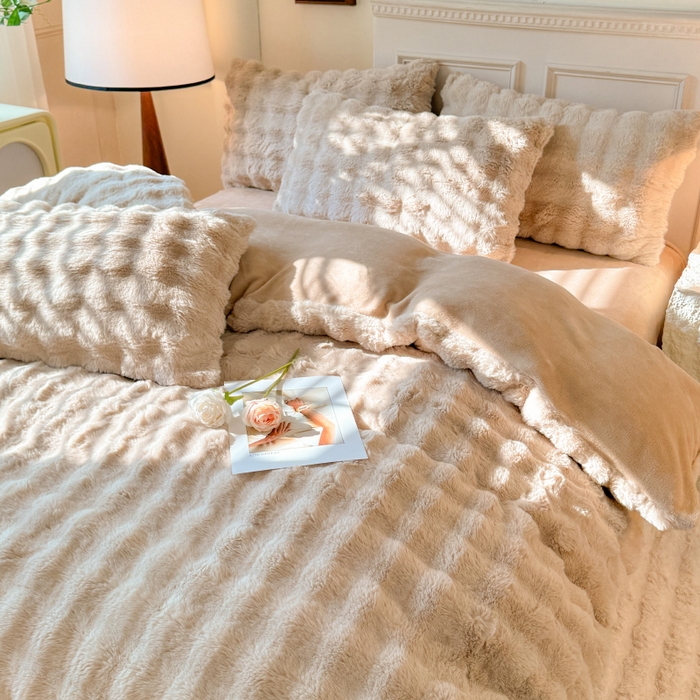 91家纺网 家纺一手货源 找家纺 唐人居 2025新款泡泡兔毛牛奶绒四件套--七彩 卡其