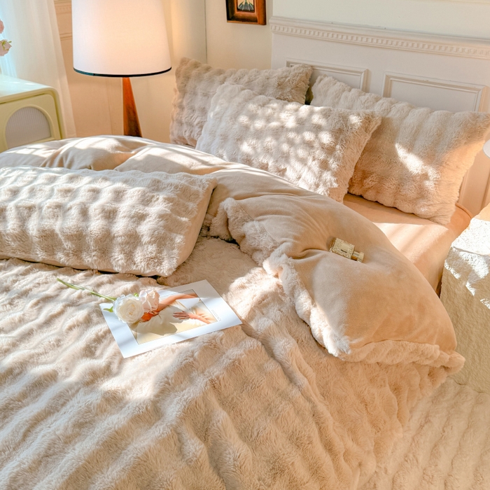 91家纺网 家纺一手货源 找家纺 唐人居 2025新款泡泡兔毛牛奶绒四件套--七彩 卡其