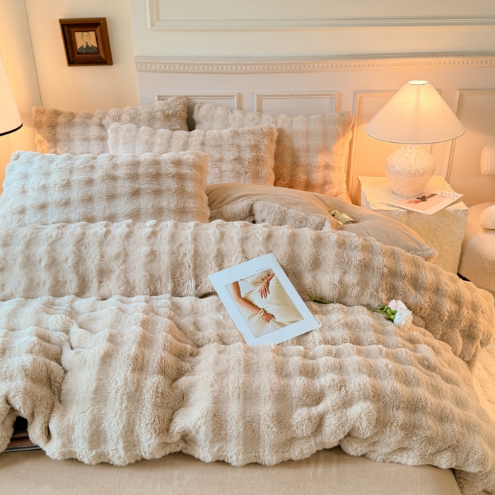 91家纺网 家纺一手货源 找家纺 唐人居 2025新款泡泡兔毛牛奶绒四件套--七彩 卡其