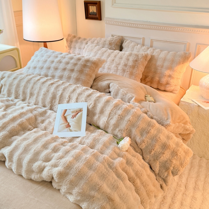 91家纺网 家纺一手货源 找家纺 唐人居 2025新款泡泡兔毛牛奶绒四件套--七彩 卡其