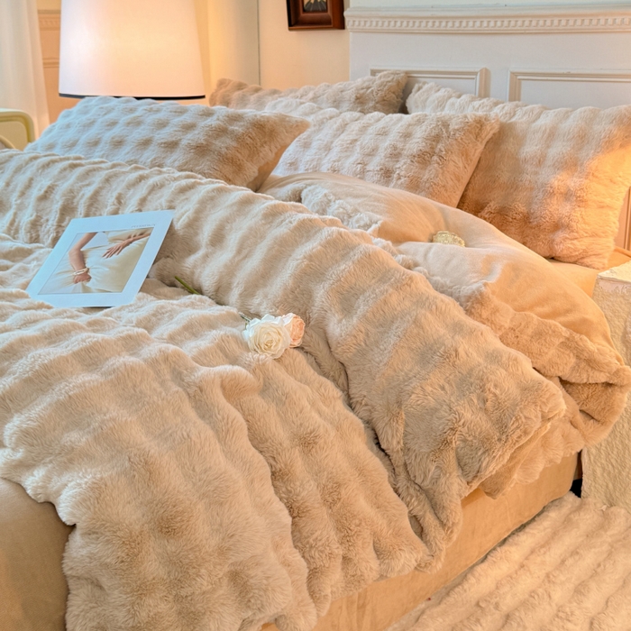 91家纺网 家纺一手货源 找家纺 唐人居 2025新款泡泡兔毛牛奶绒四件套--七彩 卡其