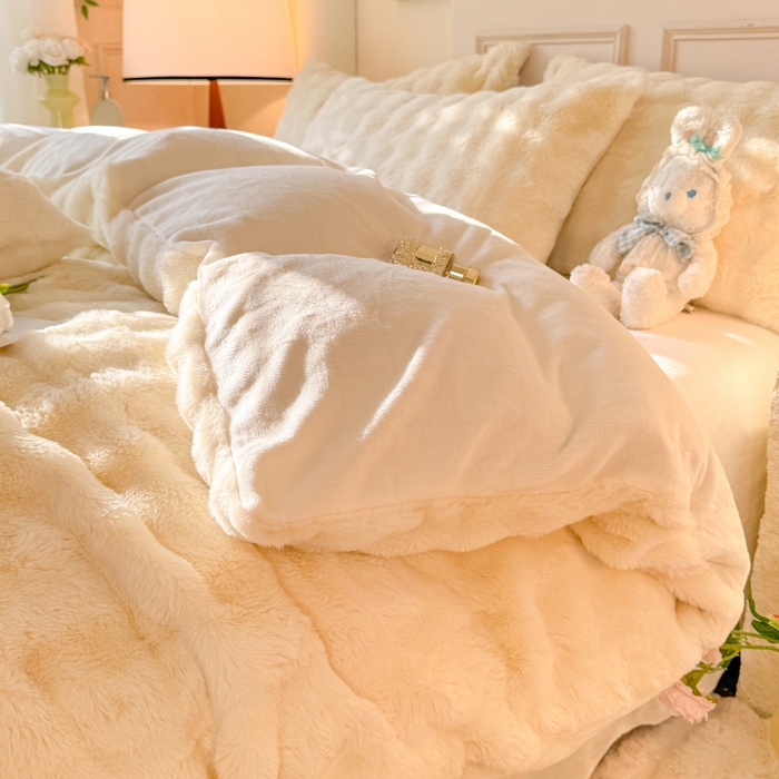 91家纺网 家纺一手货源 找家纺 唐人居 2025新款泡泡兔毛牛奶绒四件套--七彩 奶白