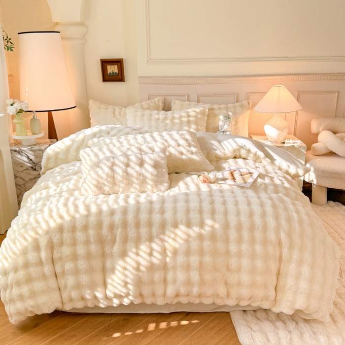 91家纺网 家纺一手货源 找家纺 唐人居 2025新款泡泡兔毛牛奶绒四件套--七彩 奶白