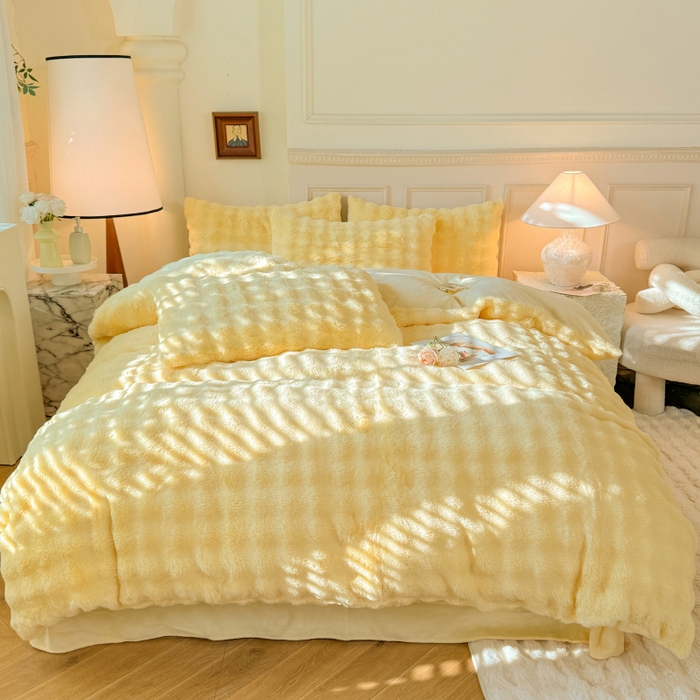 91家纺网 家纺一手货源 找家纺 唐人居 2025新款泡泡兔毛牛奶绒四件套--七彩 奶黄