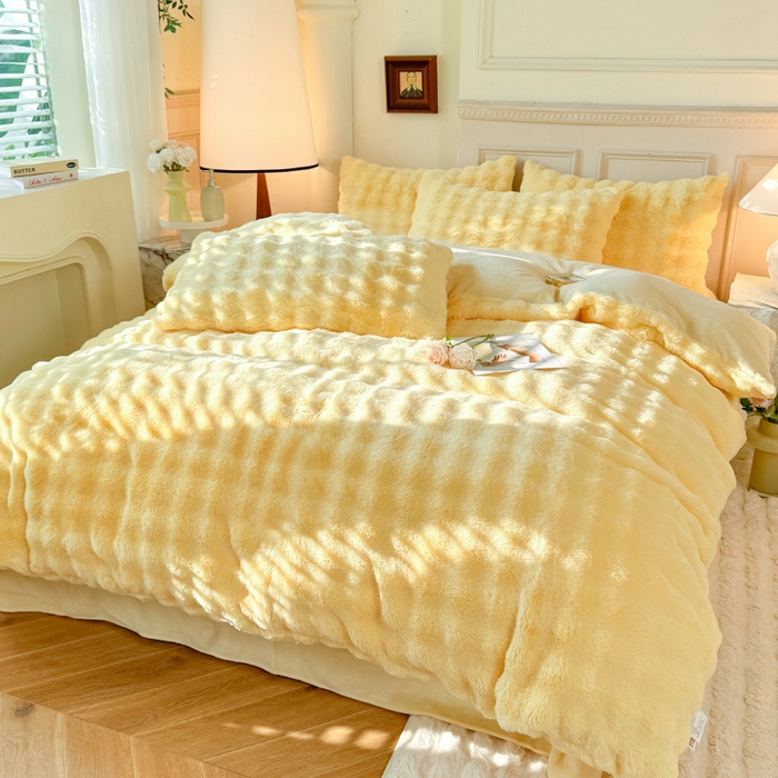 91家纺网 家纺一手货源 找家纺 唐人居 2025新款泡泡兔毛牛奶绒四件套--七彩 奶黄