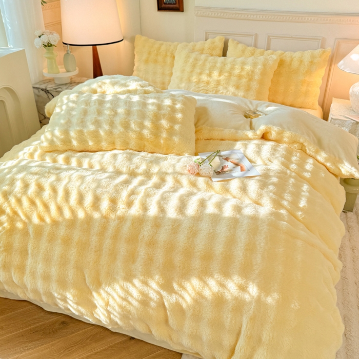 91家纺网 家纺一手货源 找家纺 唐人居 2025新款泡泡兔毛牛奶绒四件套--七彩 奶黄