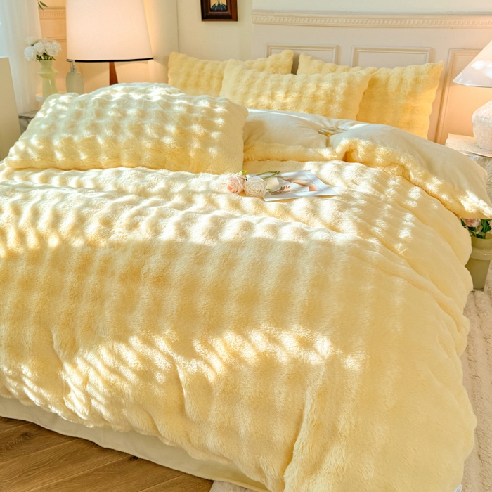 91家纺网 家纺一手货源 找家纺 唐人居 2025新款泡泡兔毛牛奶绒四件套--七彩 奶黄