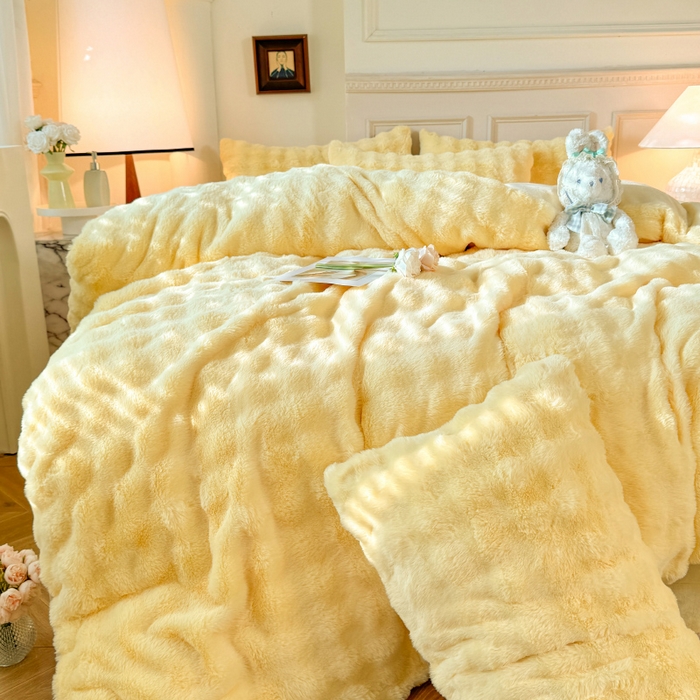 91家纺网 家纺一手货源 找家纺 唐人居 2025新款泡泡兔毛牛奶绒四件套--七彩 奶黄