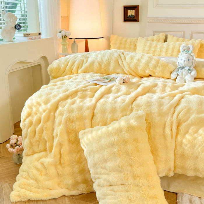 91家纺网 家纺一手货源 找家纺 唐人居 2025新款泡泡兔毛牛奶绒四件套--七彩 奶黄