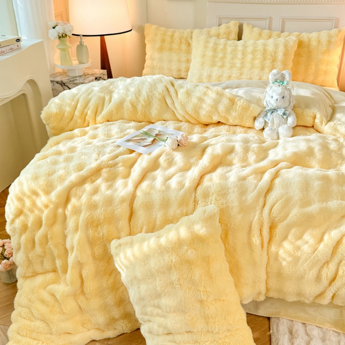 91家纺网 家纺一手货源 找家纺 唐人居 2025新款泡泡兔毛牛奶绒四件套--七彩 奶黄