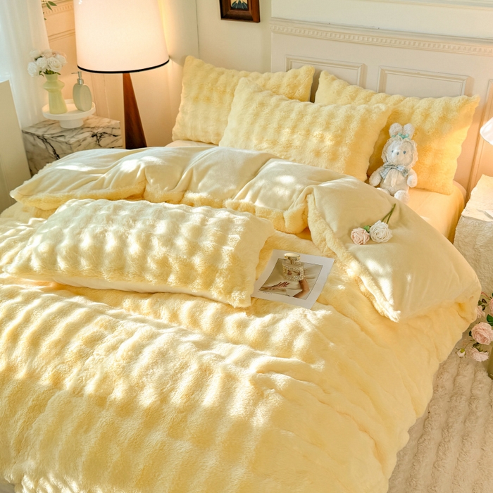 91家纺网 家纺一手货源 找家纺 唐人居 2025新款泡泡兔毛牛奶绒四件套--七彩 奶黄