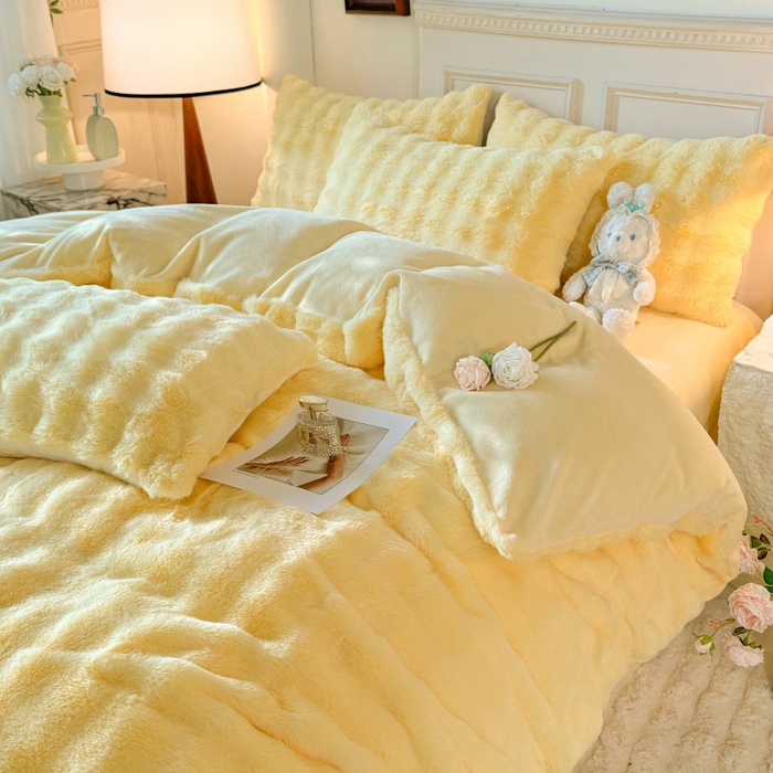 91家纺网 家纺一手货源 找家纺 唐人居 2025新款泡泡兔毛牛奶绒四件套--七彩 奶黄