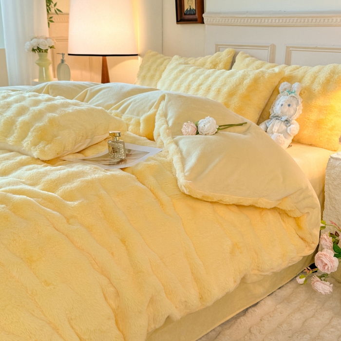 91家纺网 家纺一手货源 找家纺 唐人居 2025新款泡泡兔毛牛奶绒四件套--七彩 奶黄