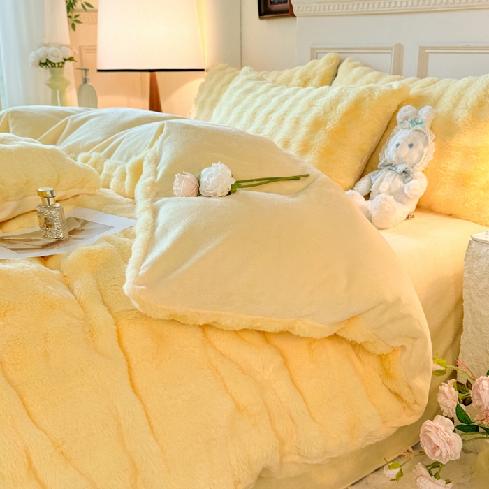 91家纺网 家纺一手货源 找家纺 唐人居 2025新款泡泡兔毛牛奶绒四件套--七彩 奶黄