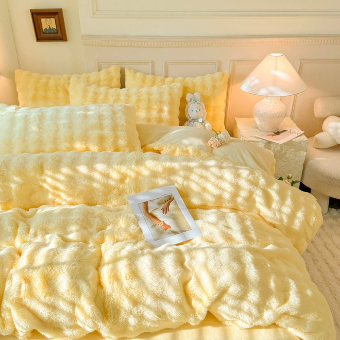 91家纺网 家纺一手货源 找家纺 唐人居 2025新款泡泡兔毛牛奶绒四件套--七彩 奶黄