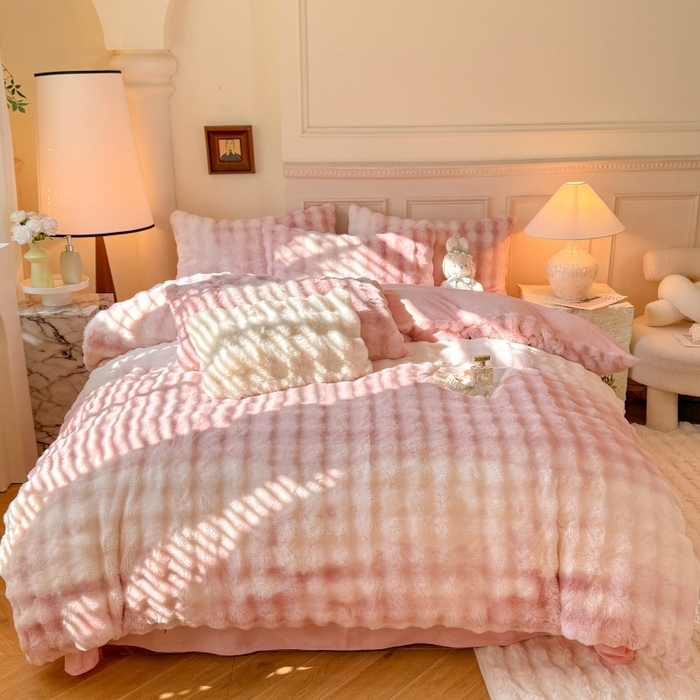 91家纺网 家纺一手货源 找家纺 唐人居 2025新款泡泡兔毛牛奶绒四件套--七彩 七彩粉