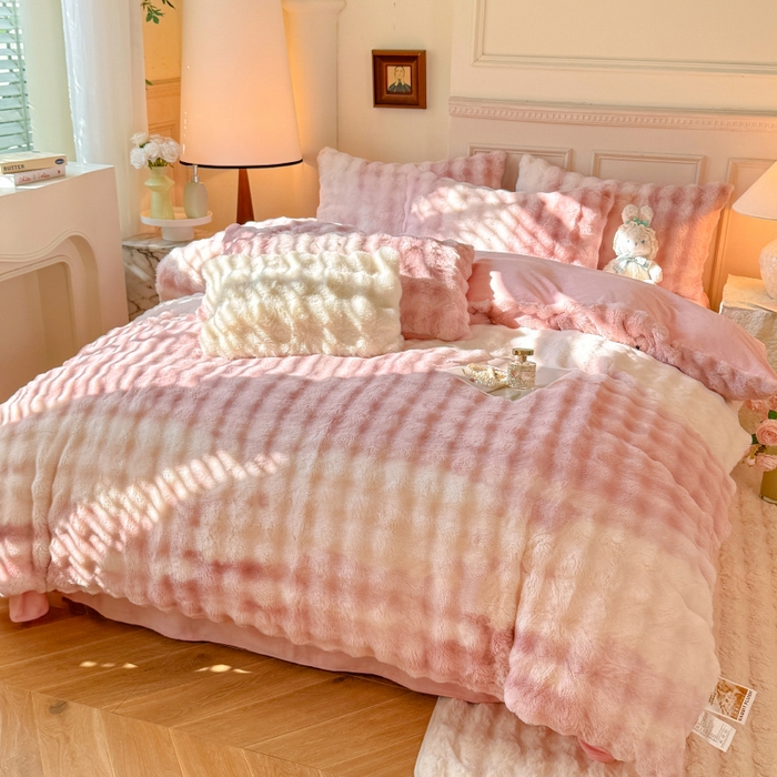 91家纺网 家纺一手货源 找家纺 唐人居 2025新款泡泡兔毛牛奶绒四件套--七彩 七彩粉