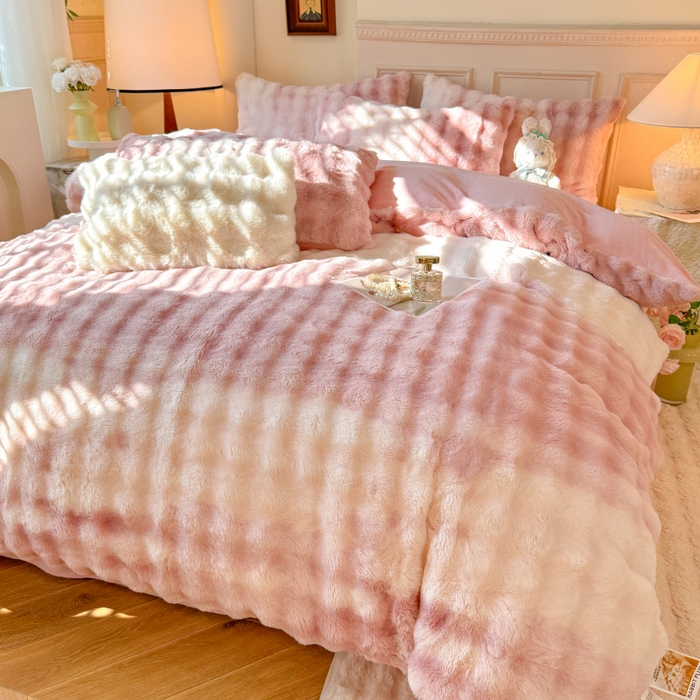 91家纺网 家纺一手货源 找家纺 唐人居 2025新款泡泡兔毛牛奶绒四件套--七彩 七彩粉