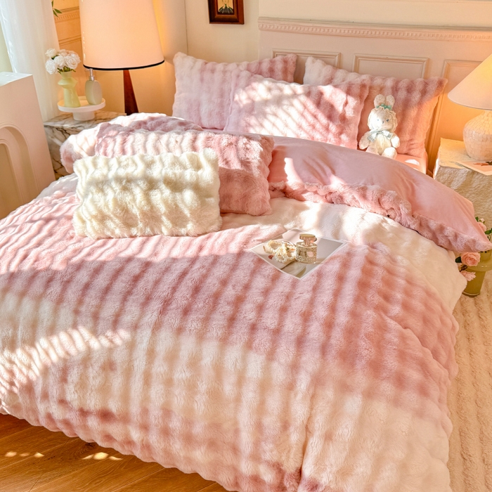 91家纺网 家纺一手货源 找家纺 唐人居 2025新款泡泡兔毛牛奶绒四件套--七彩 七彩粉