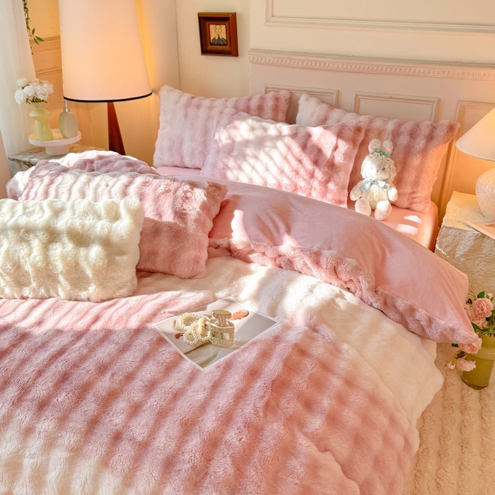 91家纺网 家纺一手货源 找家纺 唐人居 2025新款泡泡兔毛牛奶绒四件套--七彩 七彩粉