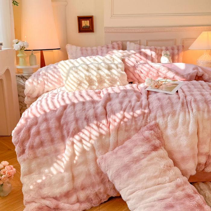 91家纺网 家纺一手货源 找家纺 唐人居 2025新款泡泡兔毛牛奶绒四件套--七彩 七彩粉