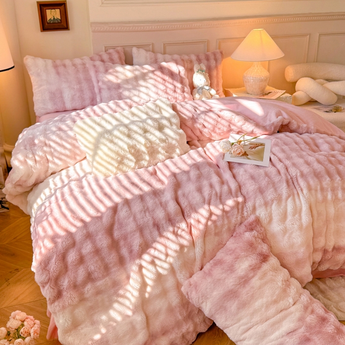 91家纺网 家纺一手货源 找家纺 唐人居 2025新款泡泡兔毛牛奶绒四件套--七彩 七彩粉