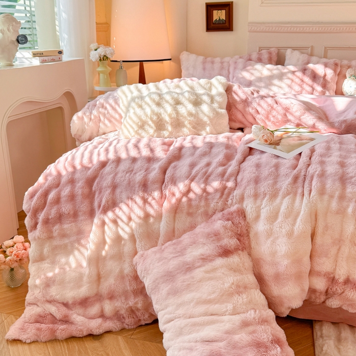 91家纺网 家纺一手货源 找家纺 唐人居 2025新款泡泡兔毛牛奶绒四件套--七彩 七彩粉