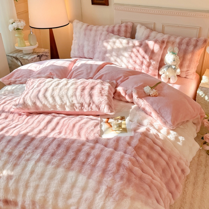 91家纺网 家纺一手货源 找家纺 唐人居 2025新款泡泡兔毛牛奶绒四件套--七彩 七彩粉