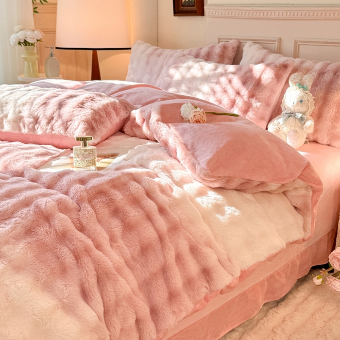 91家纺网 家纺一手货源 找家纺 唐人居 2025新款泡泡兔毛牛奶绒四件套--七彩 七彩粉