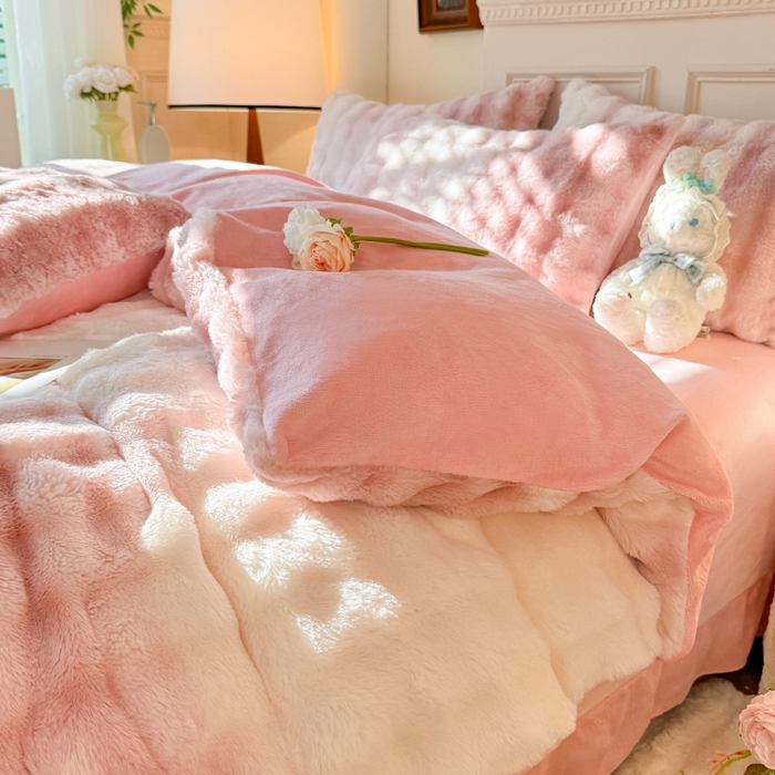 91家纺网 家纺一手货源 找家纺 唐人居 2025新款泡泡兔毛牛奶绒四件套--七彩 七彩粉