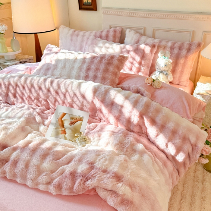 91家纺网 家纺一手货源 找家纺 唐人居 2025新款泡泡兔毛牛奶绒四件套--七彩 七彩粉