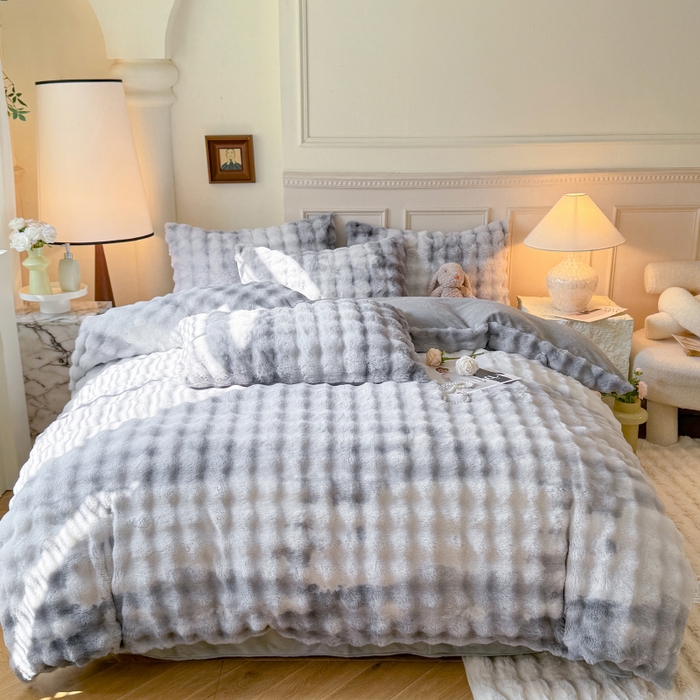 91家纺网 家纺一手货源 找家纺 唐人居 2025新款泡泡兔毛牛奶绒四件套--七彩 七彩灰