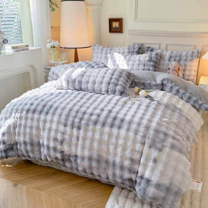 91家纺网 家纺一手货源 找家纺 唐人居 2025新款泡泡兔毛牛奶绒四件套--七彩 七彩灰