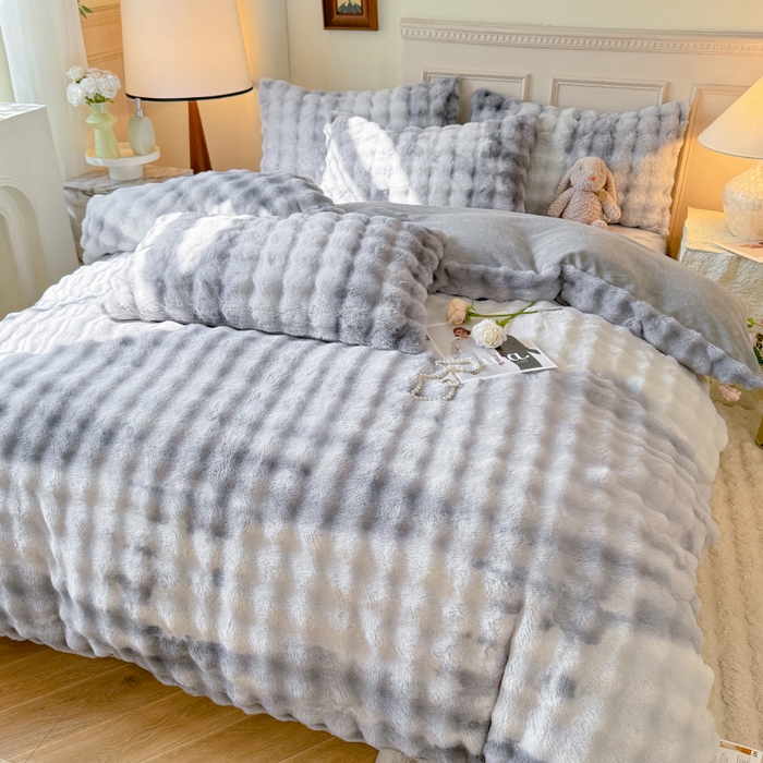 91家纺网 家纺一手货源 找家纺 唐人居 2025新款泡泡兔毛牛奶绒四件套--七彩 七彩灰